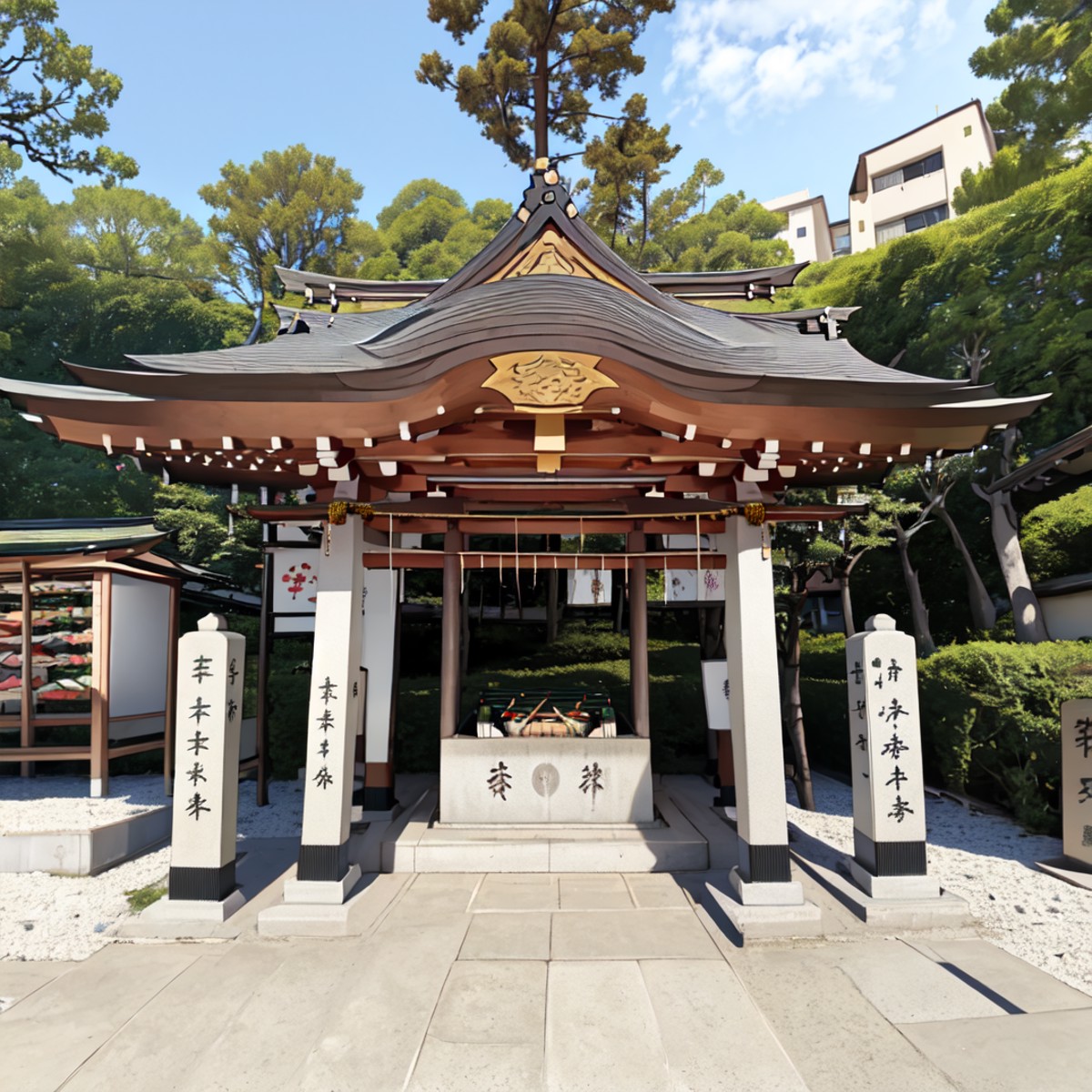 best quality, ultra-detailed, illustration,
chozuya, outdoors, scenery, shrine, tree, day, rope, shimenawa, sky, architect...